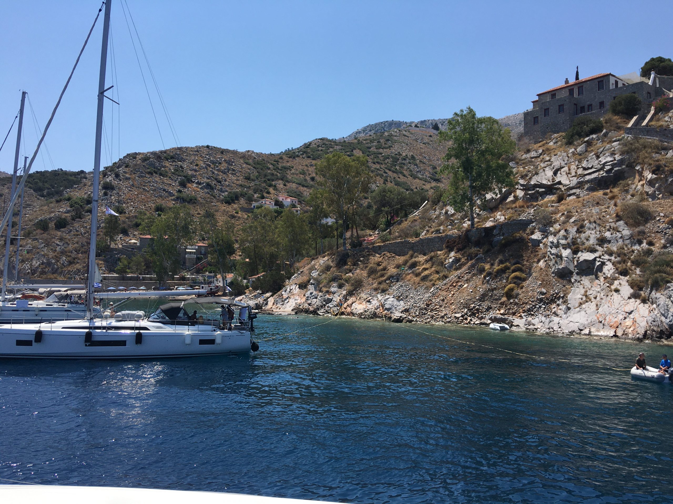 Anchoring at Madraki Bay, Hydra Island